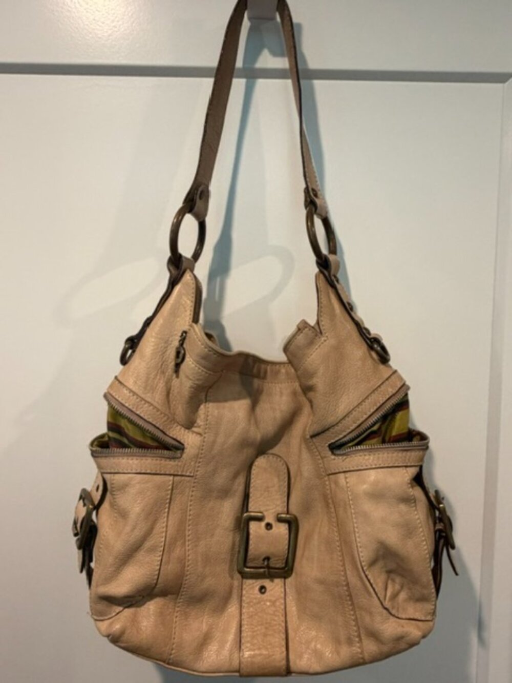 Robert Pietri Leather Shoulder Bag Beige Taupe Buckle Hobo Purse